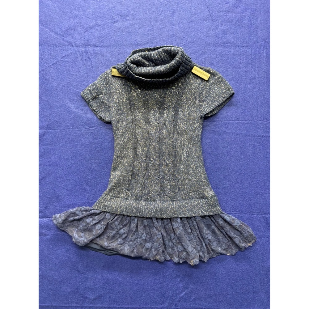 Self Esteem Sweater Dress Kids XS (4/5) Blue Gold Metallic Lace Cowl Neck‎
